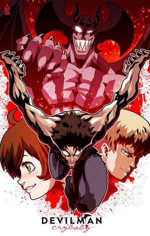 Devilman Crybaby 動漫海報，帶有惡魔身影和角色，背景為紅色。 — 惡魔男孩 壁紙