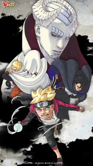 動畫角色 Boruto 和其他穿著忍者裝備的角色在黑白背景下動態擺姿勢。 — 漩渦鳴人 壁紙