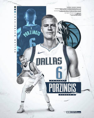 Kristaps Porzingis 達拉斯獨行俠籃球運動員肖像，附有球隊標誌和動作鏡頭。 — 4:5 壁紙