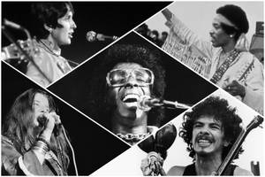 五位音樂家在黑白照片拼貼中於舞台上唱歌和演奏樂器。 — Woodstock 壁紙