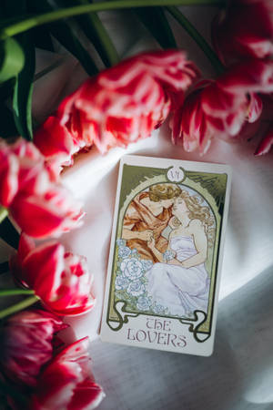 塔羅牌 The Lovers 被粉紅和白色鬱金香環繞，在柔和自然光中。 — 小米平板 7S Pro 12.5 壁紙