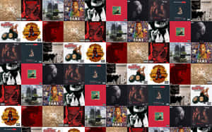嘻哈專輯封面網格， featuring Jay Z 和 2Pac，帶有紅色、金色和都市主題。 — 美學音樂 壁紙