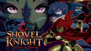 Shovel Knight 身穿紅色斗篷，手持鏟子面對擁有發光眼睛的黑暗敵人，遊戲藝術。 — 死亡騎士 壁紙