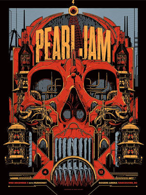 一個風格化的紅色骷髏頭，內部有工業建築，宣傳 Pearl Jam 演唱會。 — 美學音樂 壁紙
