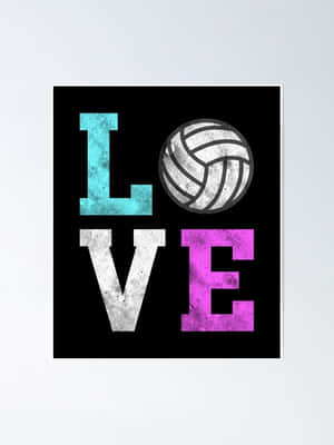 一個風格化的「LOVE」文字藝術，以排球作為O，使用青色、白色和粉紅色的字母在黑色背景上。 — 運動 壁紙