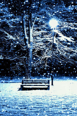 冬季公園夜晚，發光街燈下的雪覆蓋長椅。 — 冬季風景 壁紙