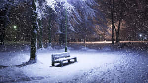 冬季公園夜晚，雪覆蓋的長椅，飄雪和路燈。 — 冬季風景 壁紙