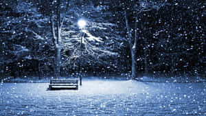 夜晚冬季公園中，街燈照亮長凳，周圍大雪紛飛。 — 雪景 GIF 壁紙