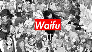 帶有紅色 Waifu 標誌的黑白動漫 waifu 拼貼畫。 — 動漫風格 壁紙