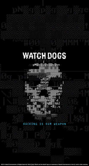 Watch Dogs 遊戲標誌，帶有像素化骷髏頭和駭客文字，背景為黑色。 — 電玩遊戲 GIF 壁紙