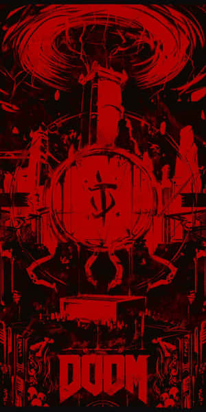 Doom遊戲海報，帶有紅色惡魔形象和旋轉的地獄能量。 — 18:9 壁紙