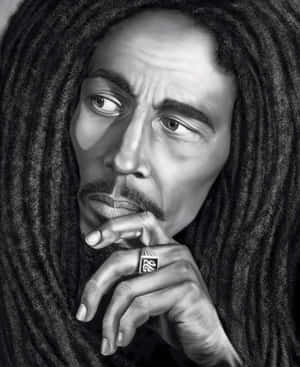 Bob Marley 手托下巴、戴著戒指的沉思姿勢黑白肖像。 — 巴布·馬利語錄 壁紙