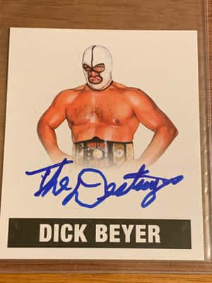 Dick Beyer戴面具手持冠軍腰帶的簽名摔角卡。 — 摔角 壁紙