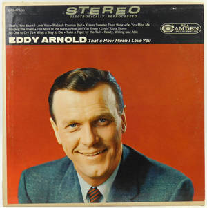 Eddy Arnold身穿西裝在紅色背景上微笑的復古專輯封面。 — 專輯封面 壁紙