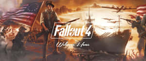 Fallout 4士兵在橙色天空下靠近船隻和飛機，手持旗幟和武器 — 電玩遊戲 GIF 壁紙