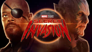 Nick Fury 和外星角色在發光行星前，帶有Secret Invasion標題。 — 復仇者聯盟3：無限之戰 壁紙