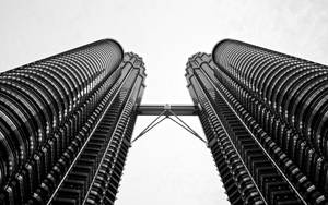 雙峰塔與天橋的黑白建築景觀。