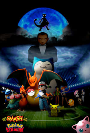 寶可夢角色在發光的藍色月亮和貓咪剪影下聚集在體育場場地上。 — Oppo Pad Mini 壁紙