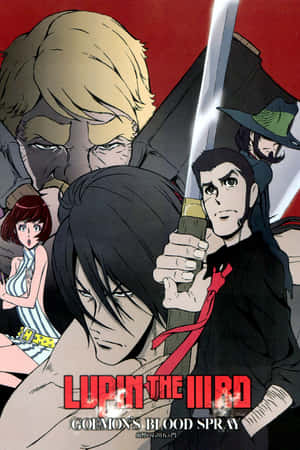 Lupin III 和盟友在緊張的動畫動作場景中拔劍。 — iPhone Duo 壁紙