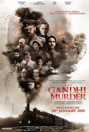 《The Gandhi Murder》電影海報，展示穿著戰時服裝的演員，並帶有煙霧和火焰效果。 — 電影 壁紙