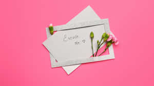 銀框便條寫著「Excuse Me」，配以粉紅色花朵，背景為粉紅色。 — 粉色花朵 壁紙