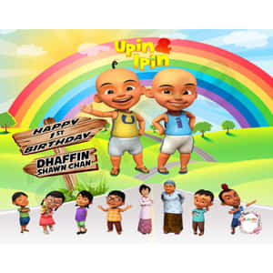 一張有兩個男孩和彩虹的生日卡片 — Upin Ipin 壁紙
