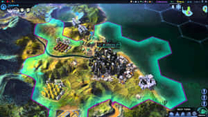 未來主義策略遊戲地圖，包含城市和六邊形地形。 — 電玩遊戲 GIF 壁紙