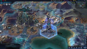未來科幻遊戲地圖，帶有發光信標和外星地形。 — 電玩遊戲 GIF 壁紙