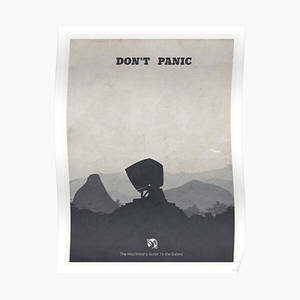 極簡海報，山上有衛星天線，以及來自《銀河便車指南》的文字「DON'T PANIC」。 — 恐慌 壁紙