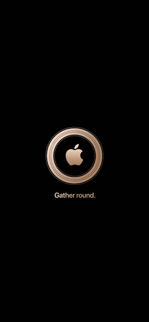 黑色背景上玫瑰金色Apple標誌，帶有同心圓環和文字Gather round。