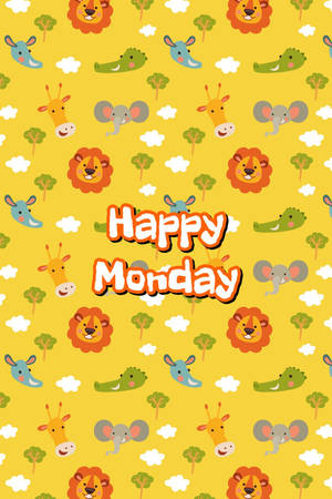 黃色背景上帶有卡通動物的Happy Monday問候 — 快樂星期一 壁紙