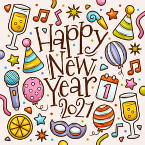 新年2021慶祝活動，有派對帽、氣球和香檳杯。 — 新年快樂 2020 壁紙
