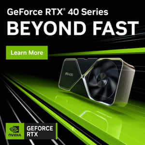 NVIDIA GeForce RTX 4090顯示卡在綠色軌道上奔馳，帶有「Beyond Fast」文字。 — Nvidia GIF 壁紙