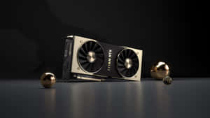 深色反光表面上的NVIDIA Titan RTX顯示卡與金球。 — 4K 遊戲 壁紙