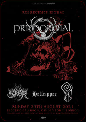 Primordial的金屬音樂會海報，頭骨和鹿角設計。 — IQOO Pad5 壁紙