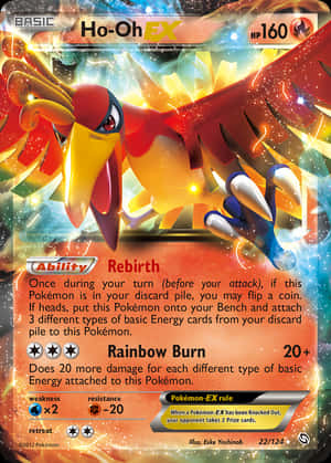 Ho-Oh EX寶可夢卡，帶有火紅的翅膀和彩虹能量效果。 — 卡蒂 B 壁紙