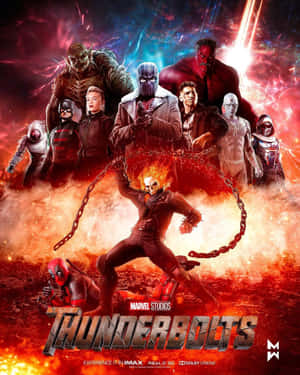 漫威《雷霆特攻隊》電影海報，Ghost Rider 與反派在熾熱戰鬥場景中。 — 閃電麥坤 壁紙