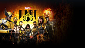 Marvel Midnight Suns 遊戲封面，英雄們穿著熾熱的金色盔甲。 — 電玩遊戲 GIF 壁紙