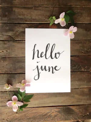 Hello June 卡片在木質表面上搭配粉紅色花朵 — 光環 壁紙