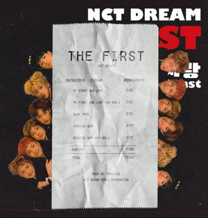 NCT DREAM出道專輯曲目列表在收據上，周圍有成員面孔。 — Galaxy Z Flip7 FE 壁紙