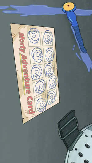 Morty Adventure 卡，上面有九個臉部草圖，漂浮在水下，靠近一條藍色軟管和頭盔。 — 神話生物 壁紙