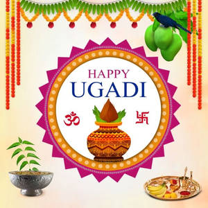 快樂的 Ugadi 節日祝福，配有裝飾罐、芒果和傳統符號。 — 慶祝 壁紙