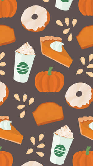秋季圖案，包含南瓜、派、甜甜圈和南瓜香料拿鐵。 — Marshmello iPhone 壁紙