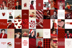 Harry Styles 穿著節日服裝，以及帶有紅白心形和文字的聖誕主題拼貼畫。 — 哈利波特 美學 壁紙
