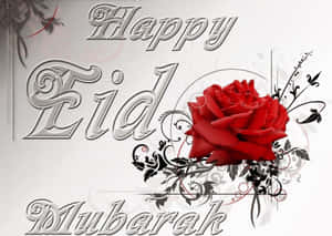 Happy Eid Mubarak 祝福，配有紅玫瑰和裝飾性漩渦。 — 低飽和 壁紙