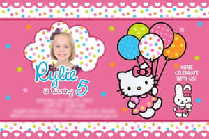 Hello Kitty和一個女孩用彩色氣球慶祝五歲生日。 — 生日快樂蛋糕 壁紙