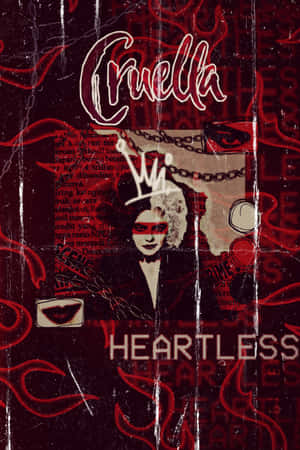Cruella de Vil 帶有紅色條紋、鎖鏈和文字元素，背景為深色。 — Huawei MatePad 11.5 (2025) 壁紙