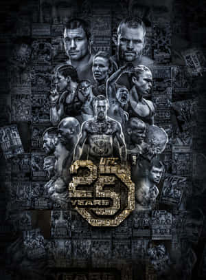 UFC 25週年拼貼畫，包含拳手肖像和活動海報。 — 終極格鬥冠軍賽 壁紙