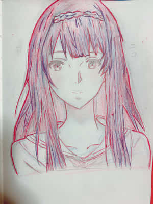 動漫女孩素描，紅藍髮色，戴著頭帶。 — 玫瑰花 壁紙