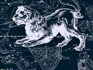 復古天體圖，顯示獅子座及周圍星座和標籤。